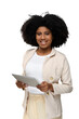 © Edson Souza - Woman holding a tablet computer looking at the camera, smiling black woman