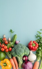 Fresh Colorful Vegetables on Light Blue Background Ready for Healthy Cooking