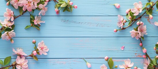 Wall Mural - Card mockup with floral decor on a blue wooden background and greeting card mockup featuring pink fresh flowers on a table have the same design with copy space images