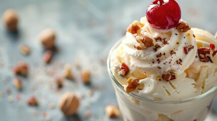 Wall Mural - Vanilla ice cream with whipped cream, cherry, and nuts