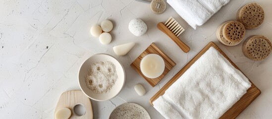Aufkleber - Top view of bath accessories against a white background with copy space image