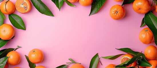 Fototapete - Fresh tangerines and leaves creatively form a frame against a pink background for a beautiful copy space image