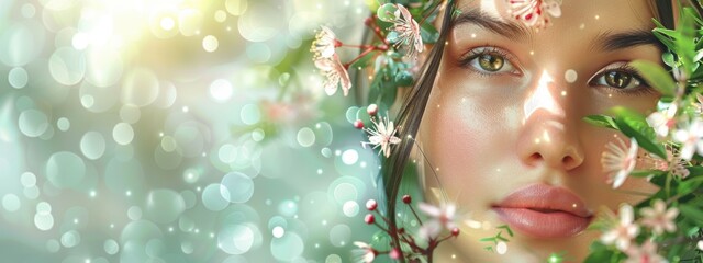 a woman's face is shown in a flowery background. the image has a dreamy, ethereal quality to it, wit