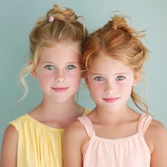 Sisters with Freckles in Summer Dresses Smiling Against a Light Blue Background