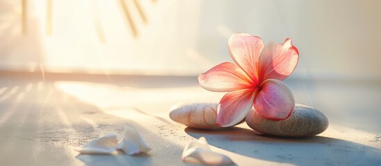 Leinwandbilder - A tropical flower placed on two stones for a massage treatment set against a white background with sunlight creating a peaceful ambiance for the copy space image