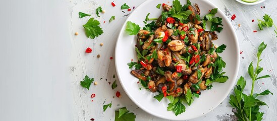 Aufkleber - A white dish with a top view of Spicy Canned Sardine Salad featuring herbs with a clear area for text or images. with copy space image. Place for adding text or design
