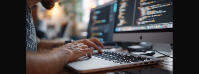 A man is typing on a laptop computer. The laptop is open to a screen with a lot of code on it. The man is focused on his work, likely programming or working on a project