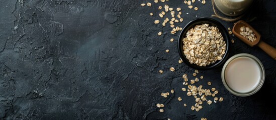 Poster - Copy space image featuring vegan oat milk a non dairy alternative in flakes displayed in a ceramic bowl alongside a glass bottle among oats set against a black stone concrete background