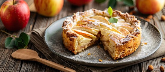 Fototapete - Delicious homemade apple pie cake sliced and served on a plate The image has copy space