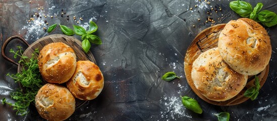 Poster - Top down view of Ukrainian garlic pampushka bread with ample copy space image available