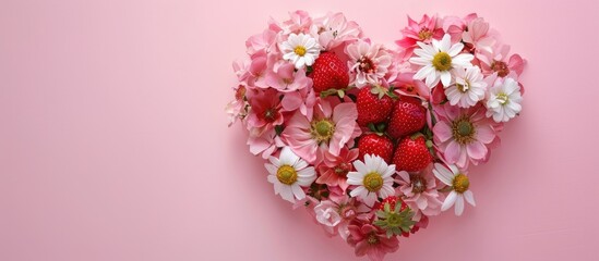 Poster - Top view of a heart shaped arrangement featuring pink and white flowers along with a strawberry set against a pastel pink backdrop creating a festive concept with copy space image