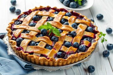 Sticker - Delicious blueberry pie with a lattice crust, garnished with fresh berries and mint leaves