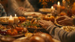 © Prapat - A detailed shot of a Thanksgiving feast, featuring a variety of dishes like mashed potatoes, cranberry sauce, and pumpkin pie. Focus on the realistic presentation and the intricate details of the foo