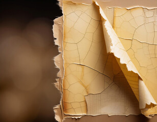 Pieces of torn paper on a brown background. Shallow depth of field.