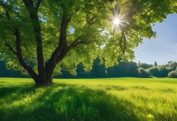 Wall Mural - AI-generated illustration of sunlight filtering through a large tree in a lush green meadow