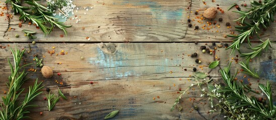 Fototapete - Rosemary arranged on a wooden surface with various spices surrounding it creating a visually appealing copy space image when viewed from the top
