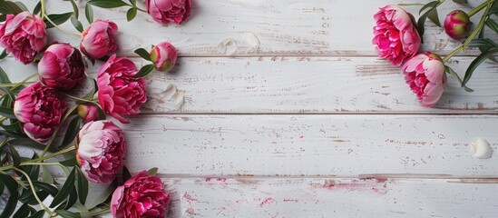 Poster - White wooden background with copy space image featuring peonies