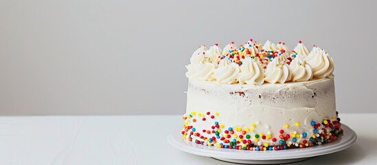 Poster - Attractive birthday cake with beautifully displayed decorations on a white background perfect as a copy space image