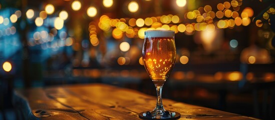 Aufkleber - A glass of beer in a dimly lit cafe at night with a blurred bokeh background. with copy space image. Place for adding text or design