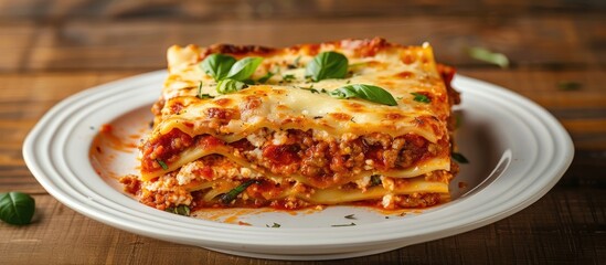 Fototapete - Delicious homemade Italian lasagna with bolognese meat sauce basil and cheese on a white plate featuring a hot and appetizing look perfect for a copy space image