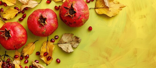 Poster - Autumn themed border arrangement with pomegranates dry leaves on a yellow green backdrop Creative flat lay top view with a copy space image