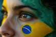 © Kassiopeia  - Face of young woman painted in the colors of Brazilian flag, symbolizing patriotism and national pride. Brazilian Independence Day. Love for the country. National holiday in Brazil.