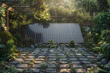 Wall Mural - Solar panels generating renewable energy in green garden. Clean energy source on surface of stones. Concept of modern solar power technology, eco friendly electricity production