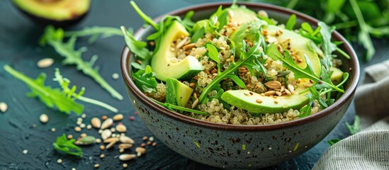 Aufkleber - Healthy quinoa salad with avocado arugula zucchini and seeds suitable for plant based clean eating and keto diets Superfood ingredients in a copy space image