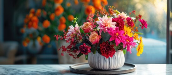 Fototapete - Vibrant flowers and a marble tray enhance the lovely design with copy space image