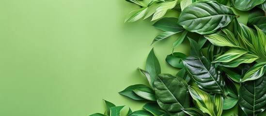 Leinwandbilder - Top view of exotic Zamioculcas zamiifolia leaves on a green background creating a creative layout with copy space image