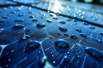 Wall Mural - Close up of solar panels with drops of morning dew. Clean energy source. Modern solar power technology, eco friendly electricity production