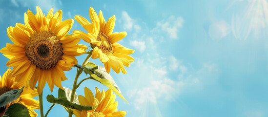 Poster - Vertical banner featuring vibrant yellow sunflowers set against a blue sky backdrop designed with a copy space image for text placements as a mock up template