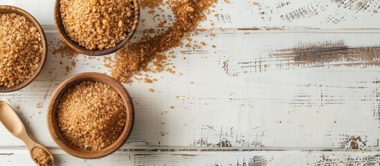 Poster - White wooden table showcasing a variation of brown sugar with an appealing copy space image