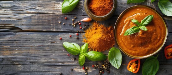 Leinwandbilder - Flat lay of delectable curry sauce powder and basil leaves on a rustic grey wooden table with room for text in the copy space image