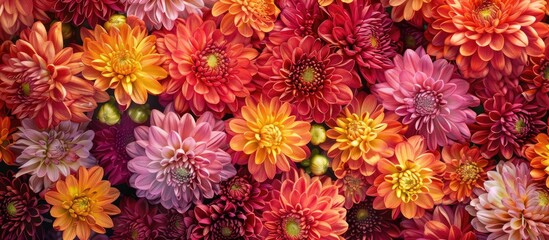 Fototapete - Colorful background with an abundance of chrysanthemum flowers and seeds providing an ideal copy space image