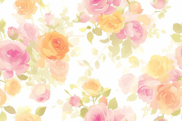 Poster - Soft pastel floral pattern with roses in shades of pink, orange, and yellow on a white background. The flowers are delicately painted, creating a light and airy feel.