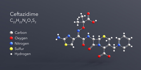 Poster - ceftazidime molecule 3d rendering, flat molecular structure with chemical formula and atoms color coding