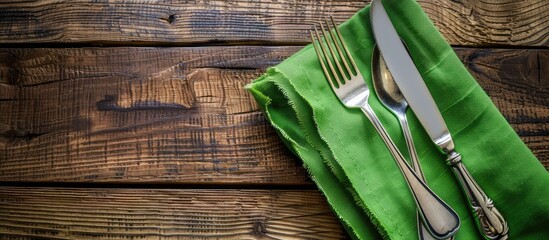 Poster - A place setting featuring silverware on a green napkin over a wooden surface with room for a copy space image