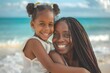© LukaszDesign - Enjoy summer vacation, holiday, or sunshine with happy girl, mom, and hug on beach for love, care, or support. Mother and daughter hugging at water, sea, or nature for black family happiness