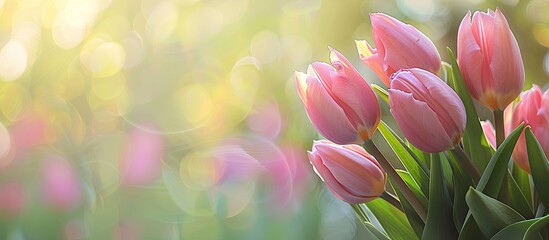 Poster - A bouquet of pink tulips set against a blurred nature background perfect for Valentine s Woman s and Mother s Day Ample copy space image inclusion