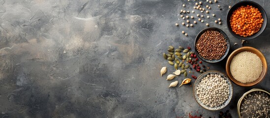 Poster - Healthy gluten free grains beans and seeds are displayed from a top view in the copy space image