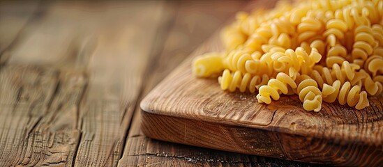 Poster - Uncooked macaroni pasta on a wooden cutting board on a kitchen table with a selective focus on the image allowing for the addition of text or design known as a copy space image