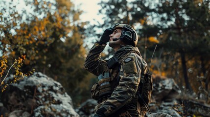 Military, soldier talking on a radio and communicating with leadership in conflict or army officer training with emergency technology. Conflict or battlefield talk, contact, control room