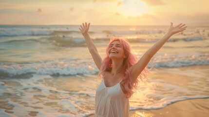 Beach, sunset, and delighted woman enjoying waves in Indonesia on vacation. Laughter, independence, and travel make Gen Z girl happy on summer ocean vacation with nightly dance.