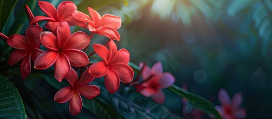Aufkleber - Red frangipani flowers illuminated by the morning sun perfect for a copy space image
