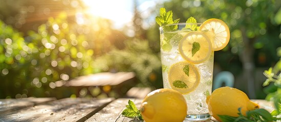 Poster - A refreshing glass of homemade lemonade garnished with lemon slices and fresh mint leaves sits on an outdoor table in a sunny garden setting providing ample copy space in the image