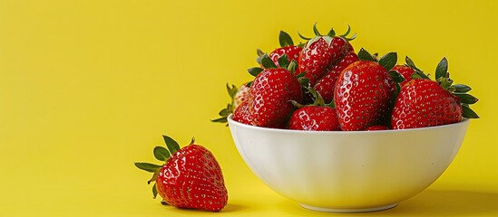 Fototapete - Red strawberries placed in a porcelain bowl with a vibrant yellow background for a copy space image showcasing their juicy and appealing nature