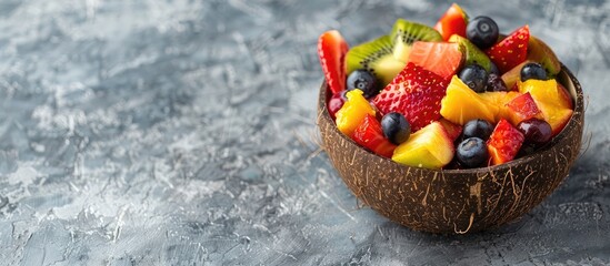 Aufkleber - Vegan concept with a delicious fruit salad in a coconut bowl on a gray background with a text space ideal for a copy space image
