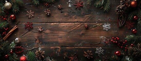 Poster - Top view of a Christmas themed still life on an aged wooden backdrop with vintage decorations like spruce branches and toys offering available space for text or other elements in a festive winter hol