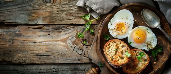 Leinwandbilder - Soft boiled egg and crispy bread displayed on a wooden table with a copy space image